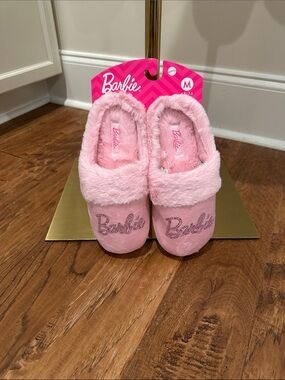 Barbie Light Pink Plush Slip-On Slippers with Rhinestone Logo